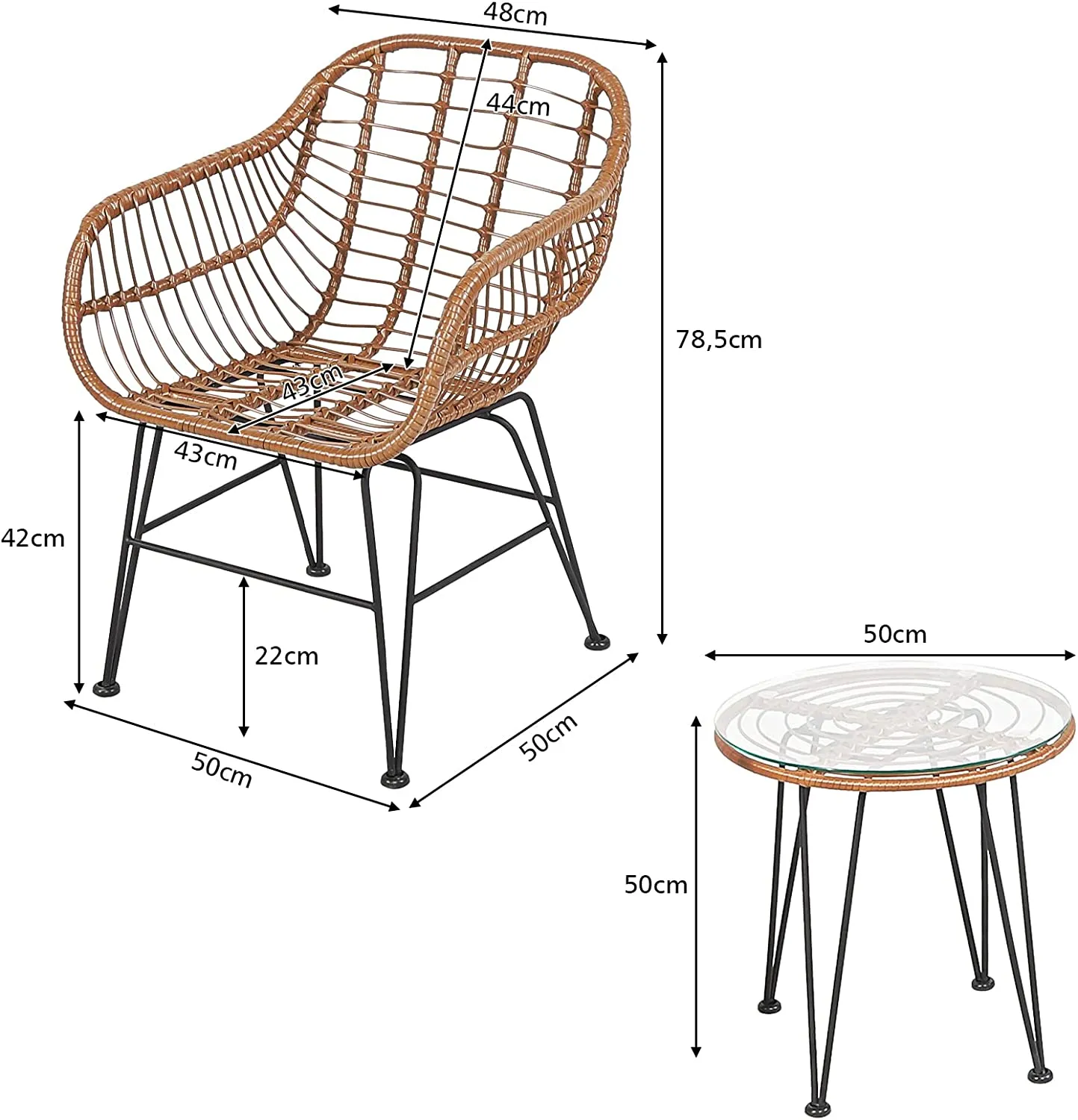 3tlg. Rattan Balkonset Sitzgarnitur