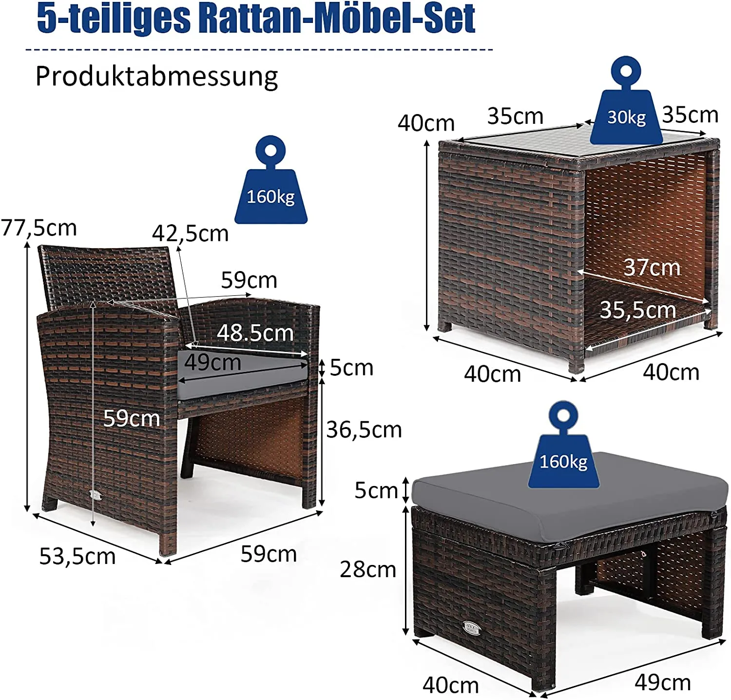 5er Set Rattan Set Gartenmöbel